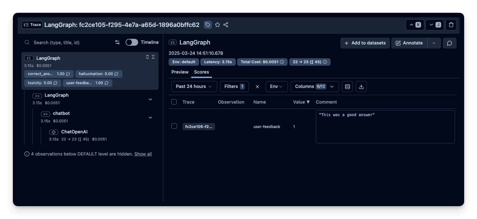 User feedback is being captured in Langfuse